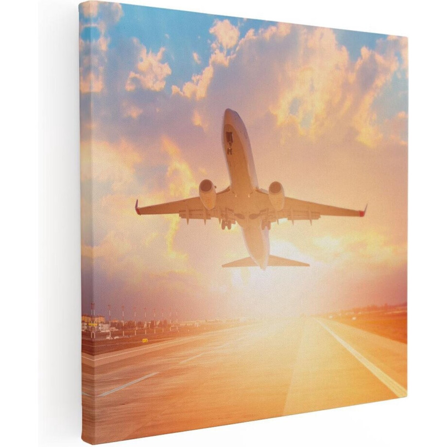 Artaza Canvas Schilderij Vliegtuig Stijgt Op Het Landingsbaan Met Zon - 30x30 - Klein - Foto Op Canvas - Canvas Print afbeelding 1