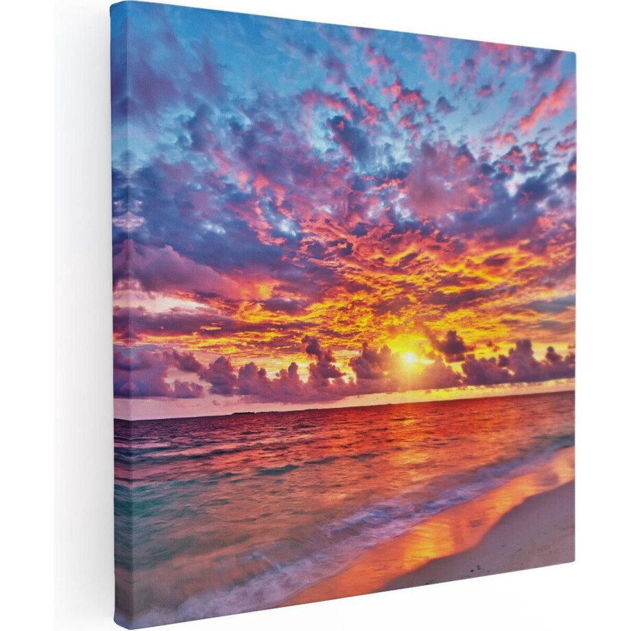 Artaza Canvas Schilderij Zonsondergang Op Het Strand In De Malediven - 80x80 cm - Groot - Wanddecoratie Woonkamer - Schilderijen - Muurdecoratie afbeelding 1