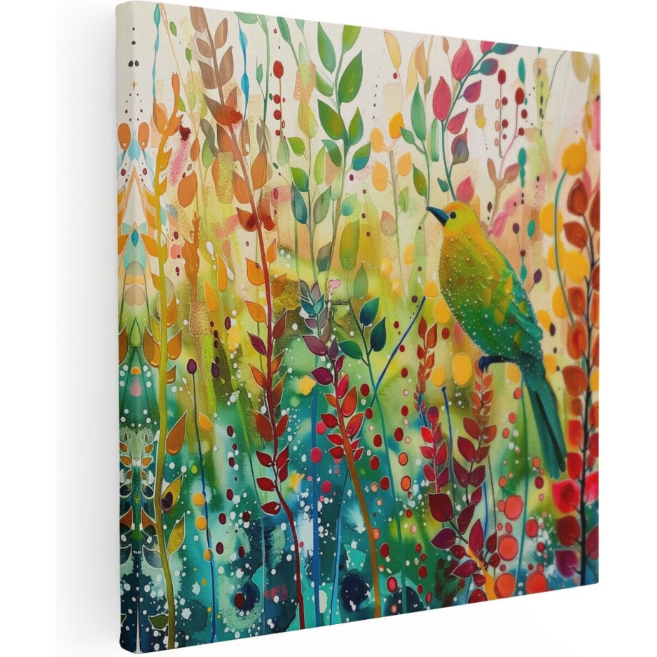 Artaza Canvas Schilderij Vogel - 90x90 cm - Wanddecoratie Bloemen - Muurdecoratie Kleurrijk - Schilderijen Op Canvas afbeelding 1