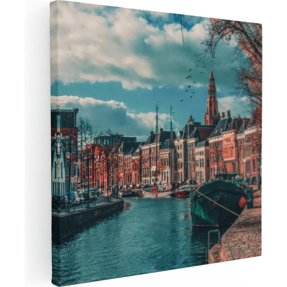 Artaza Canvas Schilderij Stad - 40x40 cm - Klein - Wanddecoratie Groningen - Muurdecoratie Boot - Kamer Accessoires afbeelding 1