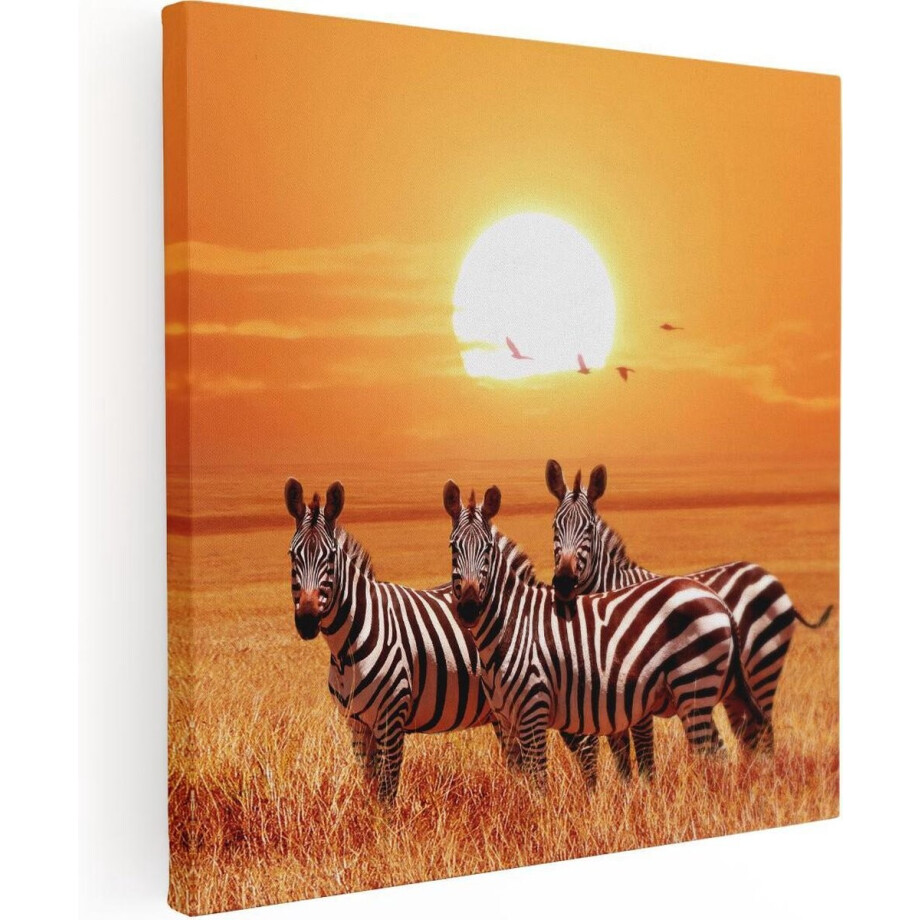 Artaza Canvas Schilderij Drie Zebra's Bij Zonsondergang - 50x50 - Foto Op Canvas - Canvas Print afbeelding 1