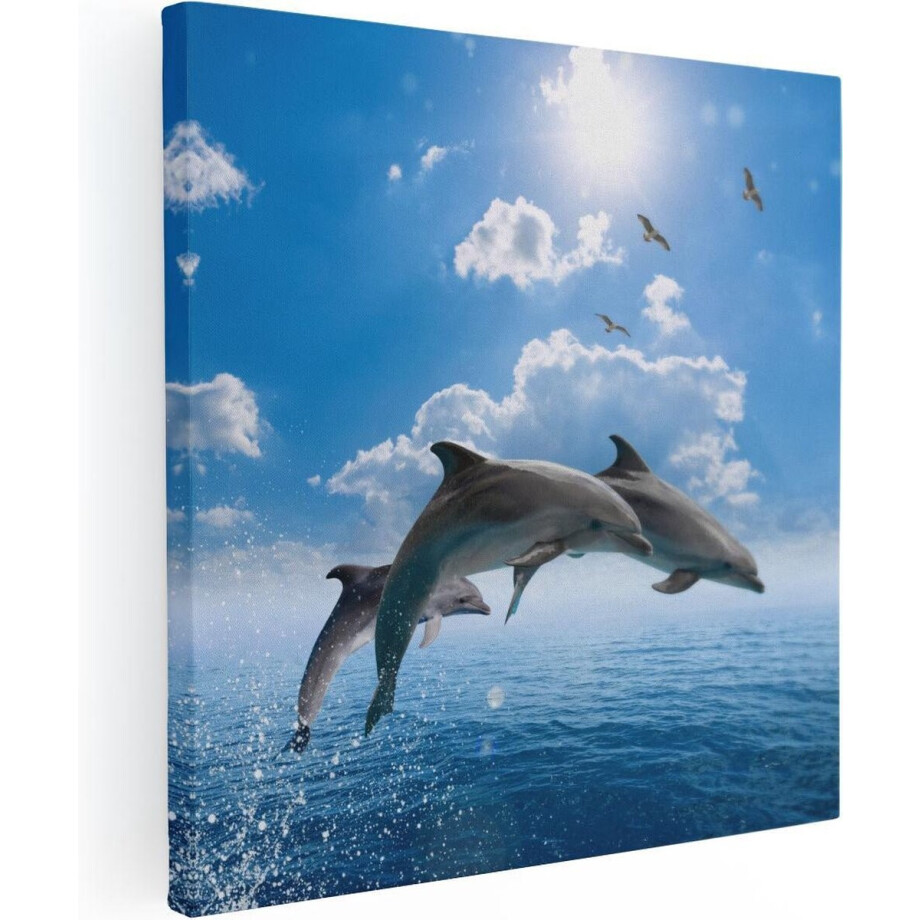 Artaza Canvas Schilderij Dolfijnen Springen uit de Blauwe Zee - 80x80 - Groot - Foto Op Canvas - Canvas Print afbeelding 1