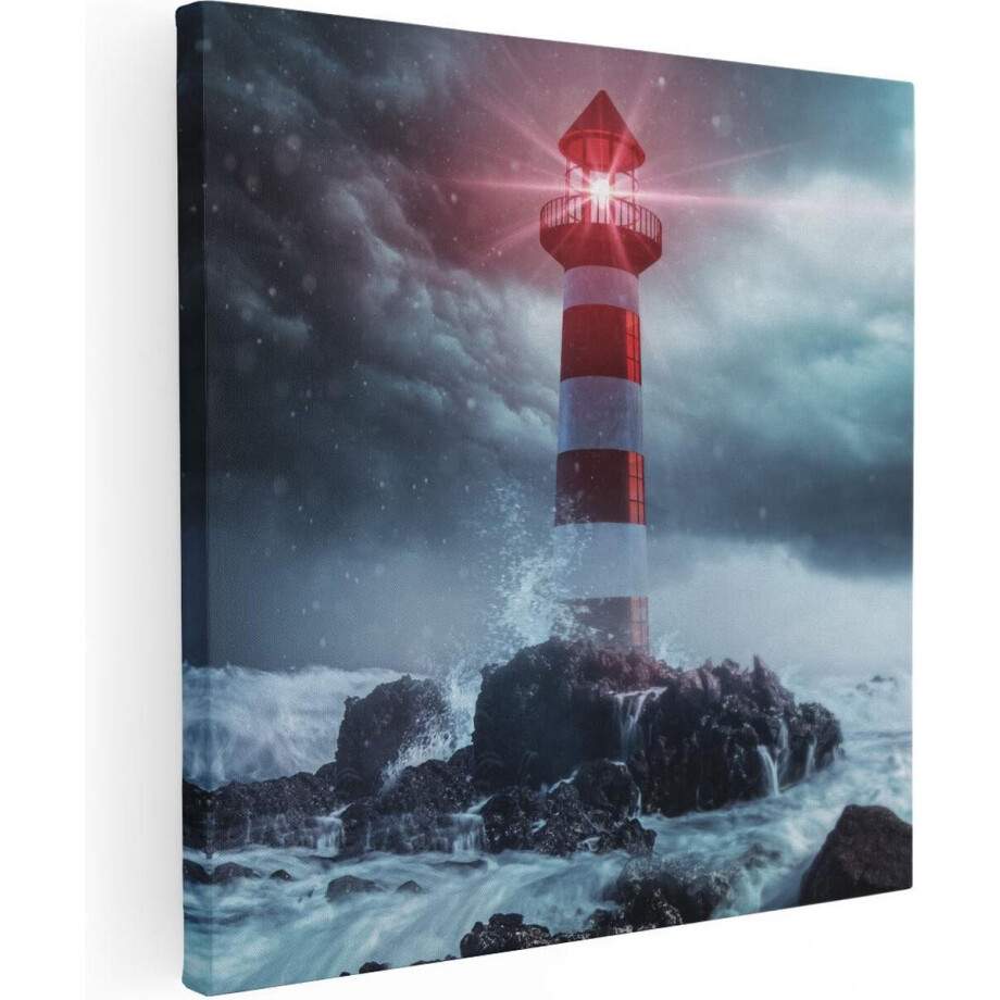 Artaza Canvas Schilderij Zeezicht - 40x40 cm - Klein - Muurdecoratie Vuurtoren - Wanddecoratie Storm - Kamer Accessoires afbeelding 1