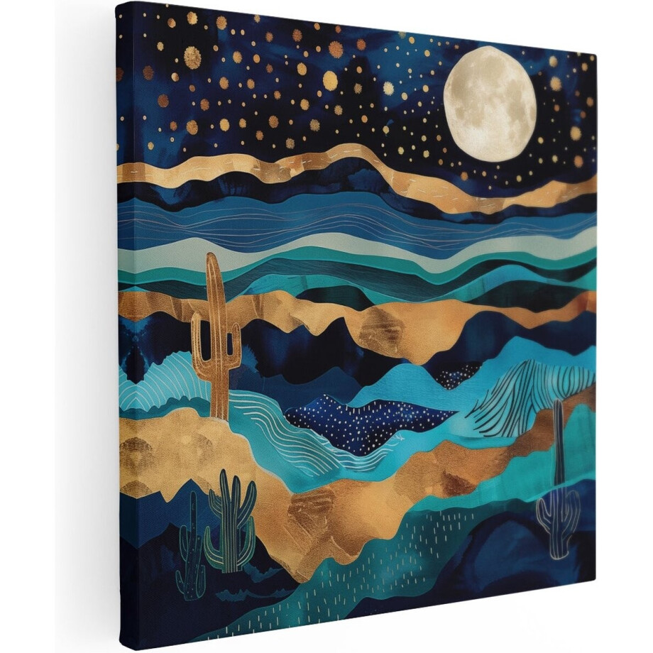 Artaza Canvas Schilderij Cactus in de Woestijn bij Maanlicht - 50x50 cm - Wanddecoratie Woonkamer - Schilderijen - Muurdecoratie afbeelding 1