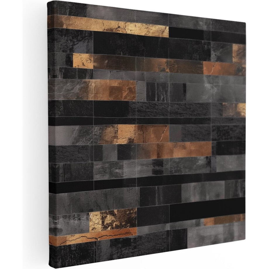 Artaza Canvas Schilderij Zwart en Goud Betegelde Muur - 90x90 cm - Groot - Wanddecoratie Woonkamer - Schilderijen - Muurdecoratie afbeelding 1