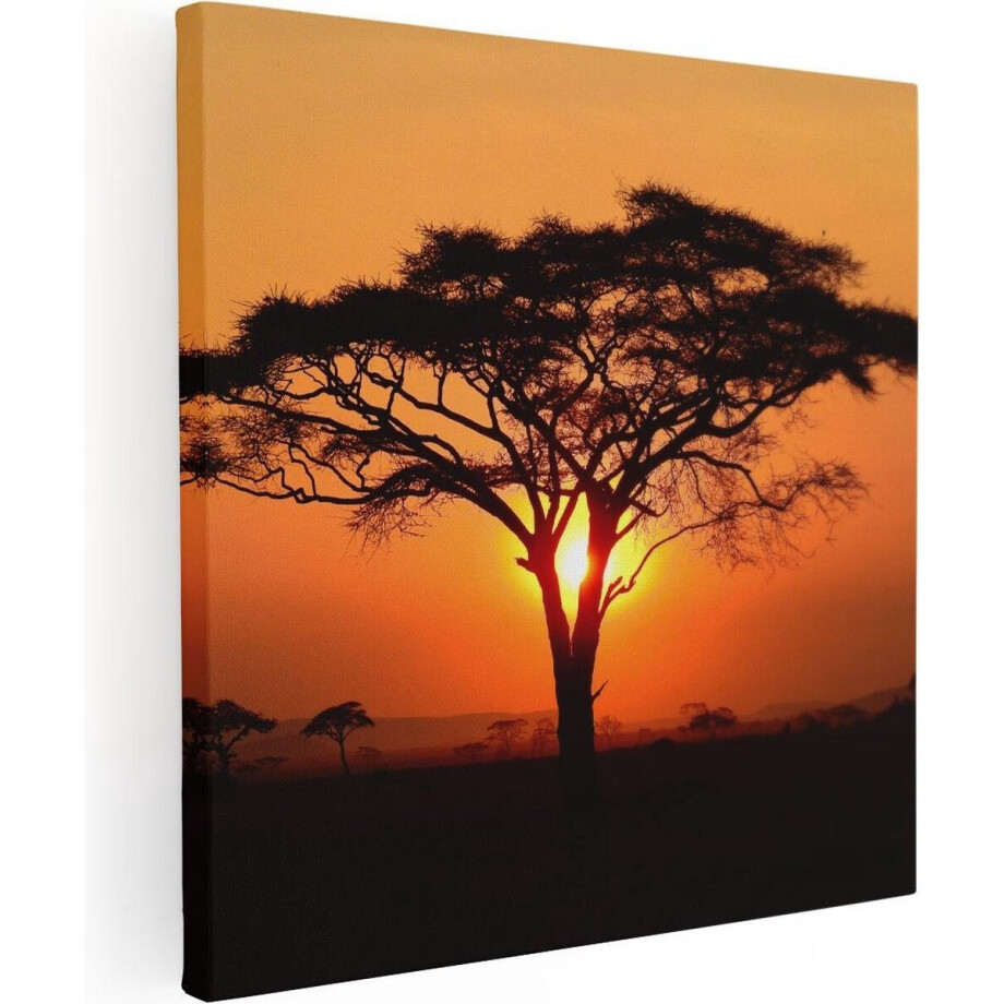 Artaza Canvas Schilderij Zonsondergang Achter Een Savanne Boom - 90x90 cm - Groot - Wanddecoratie Woonkamer - Schilderijen - Muurdecoratie afbeelding 1