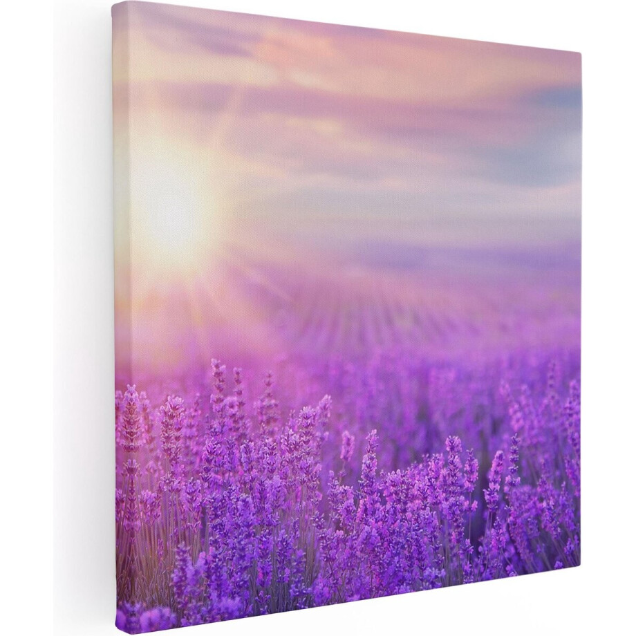 Artaza Canvas Schilderij Lavendelveld - 90x90 cm - Wanddecoratie Bloemen - Muurdecoratie Zonsondergang - Decoratie Paars afbeelding 1