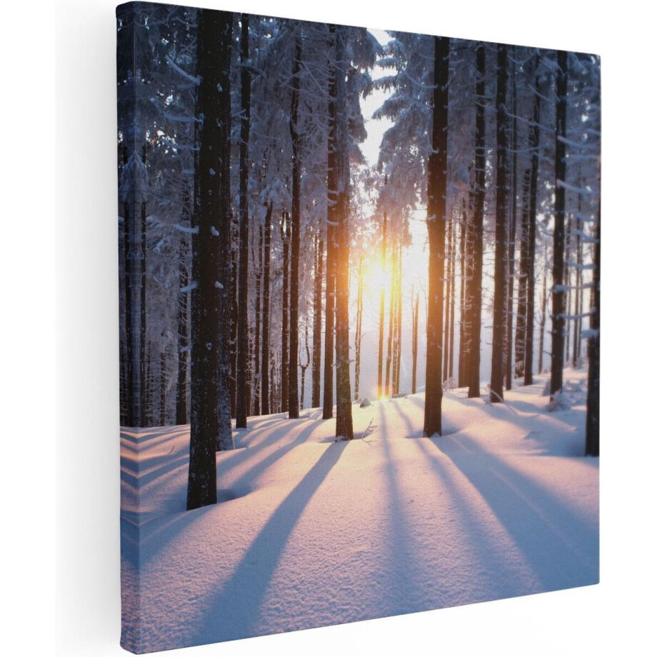 Artaza Canvas Schilderij Winterlandschap - 30x30 cm - Klein - Wanddecoratie Bomen - Muurdecoratie Zon - Kamer Accessoires Sneeuw afbeelding 1