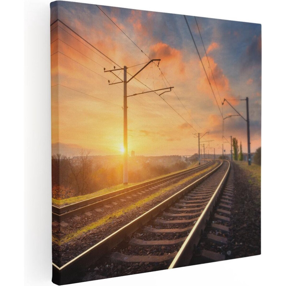 Artaza Canvas Schilderij Rails Spoorweg Bij Zonsondergang - 60x60 - Foto Op Canvas - Canvas Print afbeelding 1