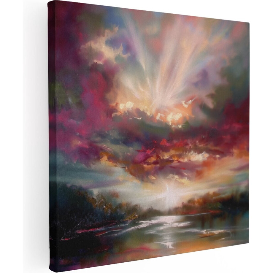 Artaza Canvas Schilderij Zonsondergang boven een Rivier - 50x50 cm - Wanddecoratie Woonkamer - Schilderijen - Muurdecoratie afbeelding 1