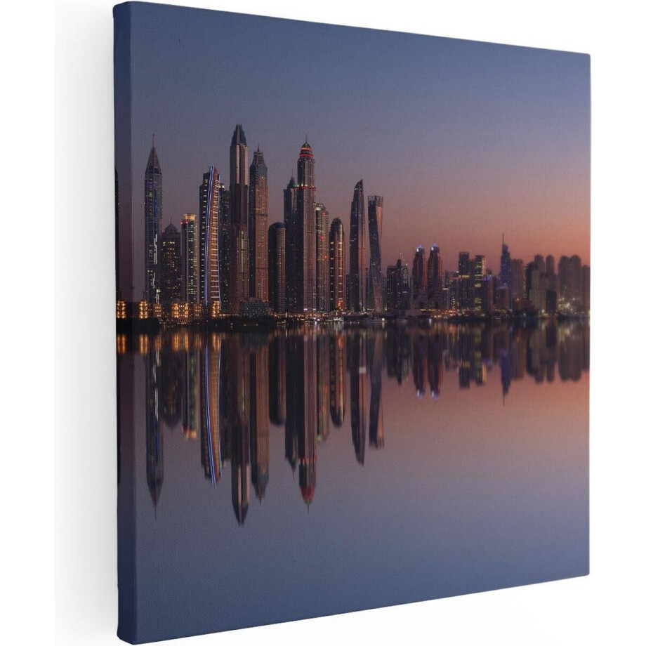 Artaza Canvas Schilderij Skyline Dubai Stad bij Zonsondergang - 90x90 - Groot - Foto Op Canvas - Canvas Print afbeelding 1