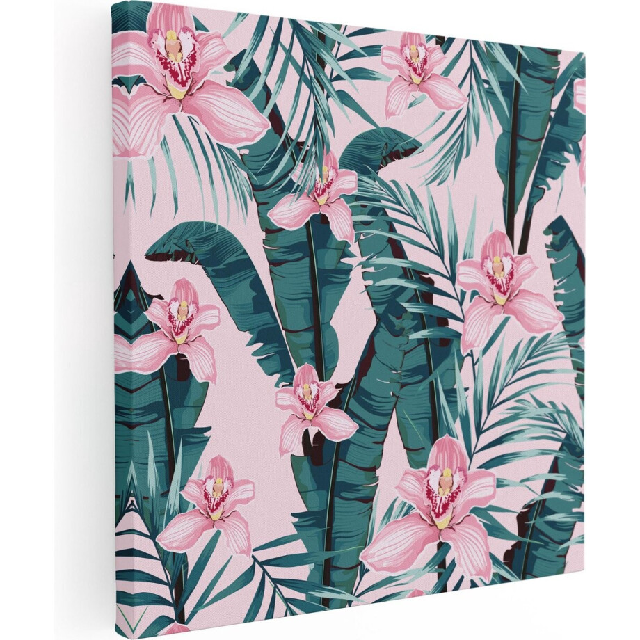 Artaza Canvas Schilderij Tropische Bladeren - 30x30 cm - Klein - Wanddecoratie Bloemen - Muurdecoratie Botanisch - Kamer Accessoires Roze afbeelding 1
