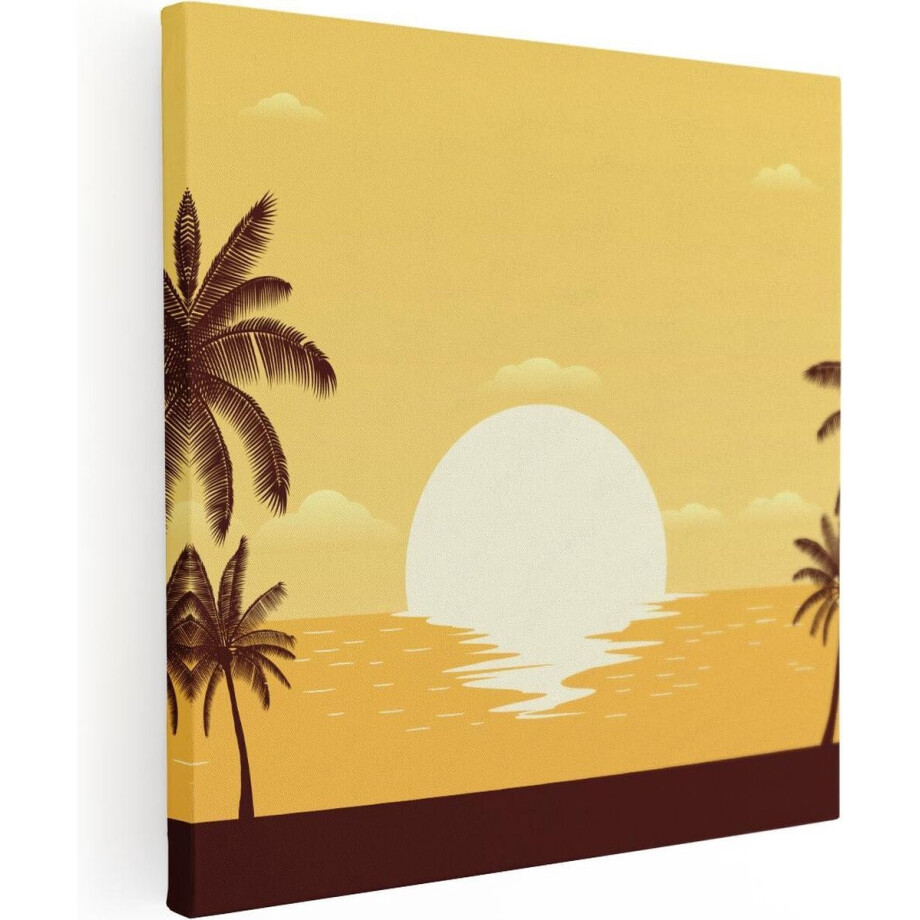 Artaza Canvas Schilderij Zonsondergang Zee - 80x80 cm - Wanddecoratie Strand - Muurdecoratie Palmbomen - Schilderijen Op Canvas afbeelding 1