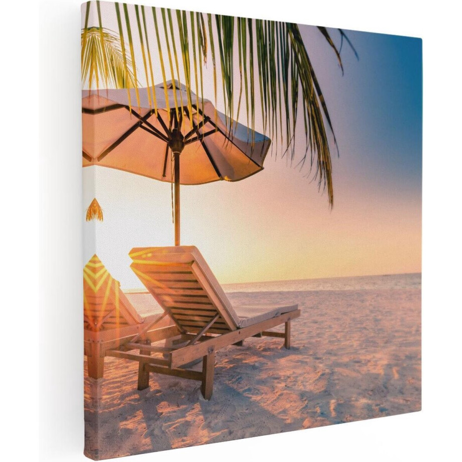 Artaza Canvas Schilderij Strand Zee - 60x60 cm - Wanddecoratie Zonsondergang - Muurdecoratie Palmboom - Schilderijen Op Canvas Kust afbeelding 1