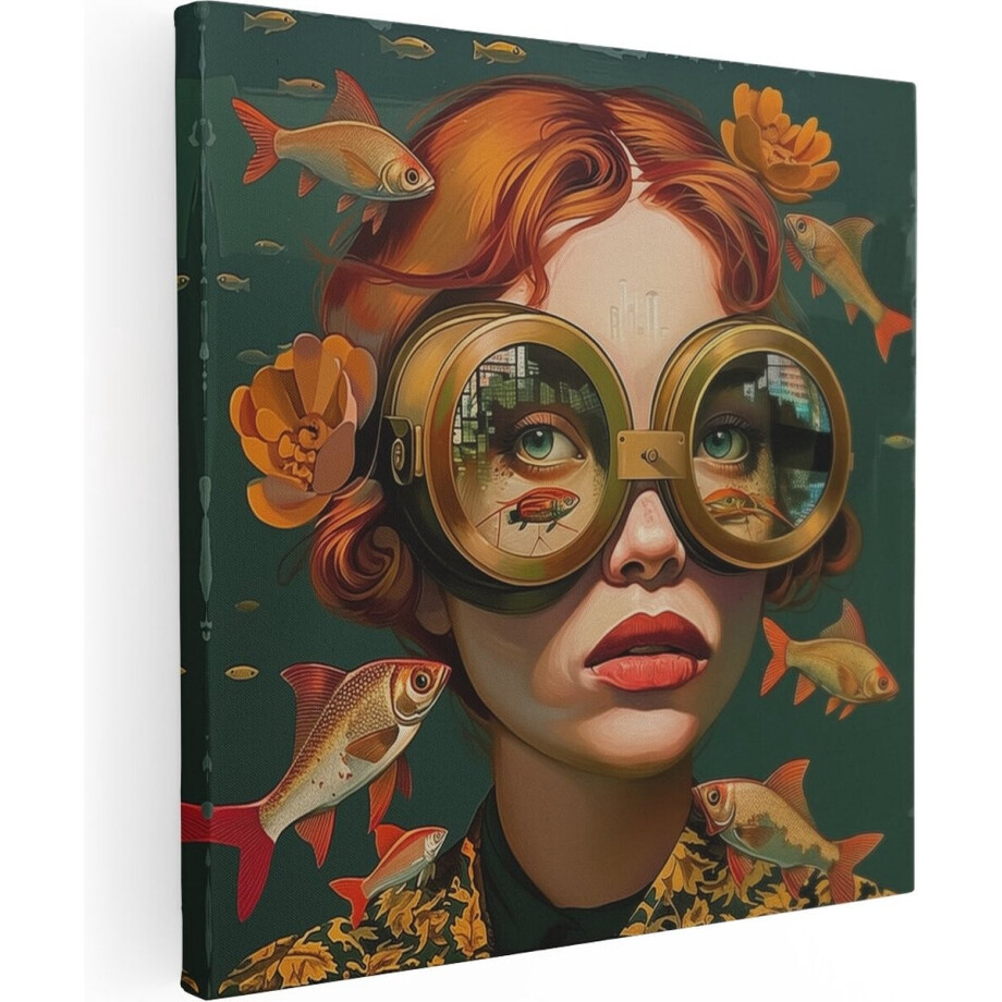 Artaza Canvas Schilderij Meisje met een Bril tussen Zwemmende Vissen - 30x30 cm - Klein - Wanddecoratie Woonkamer - Schilderijen - Muurdecoratie afbeelding 1