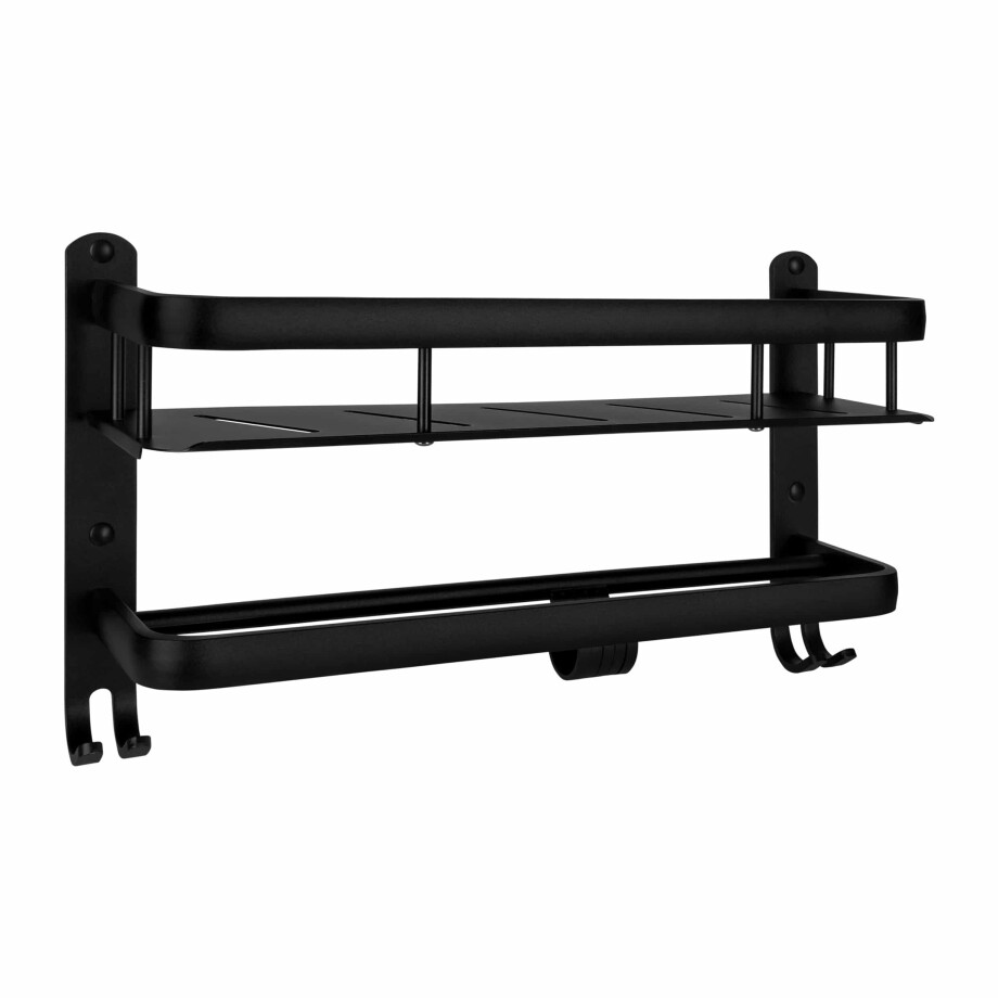 QUVIO Keukenrek met planchet en haakjes - Staal - 14x40x23 cm - Zwart afbeelding 1