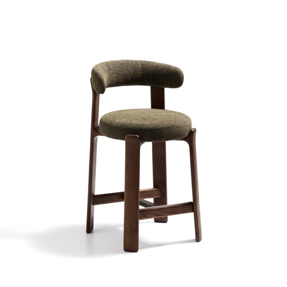 Kave Home Barkruk 'Granite' Chenille en essenhout, kleur Groen/Bruin (zithoogte 65cm) afbeelding 1