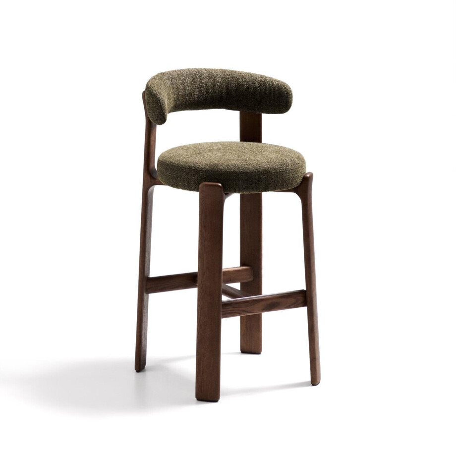 Kave Home Barkruk 'Granite' Chenille en essenhout, kleur Groen/Bruin (zithoogte 75cm) afbeelding 1