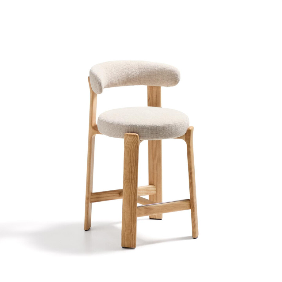 Kave Home Barkruk 'Granite' Chenille en essenhout, kleur Beige/Naturel (zithoogte 65cm) afbeelding 1