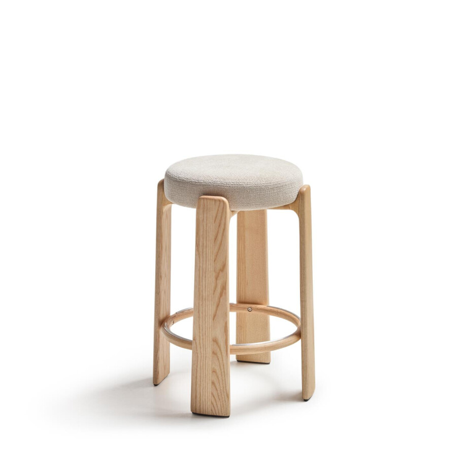 Kave Home Kruk 'Granite' Chenille en naturel essenhout, kleur Beige (zithoogte 75cm) afbeelding 1