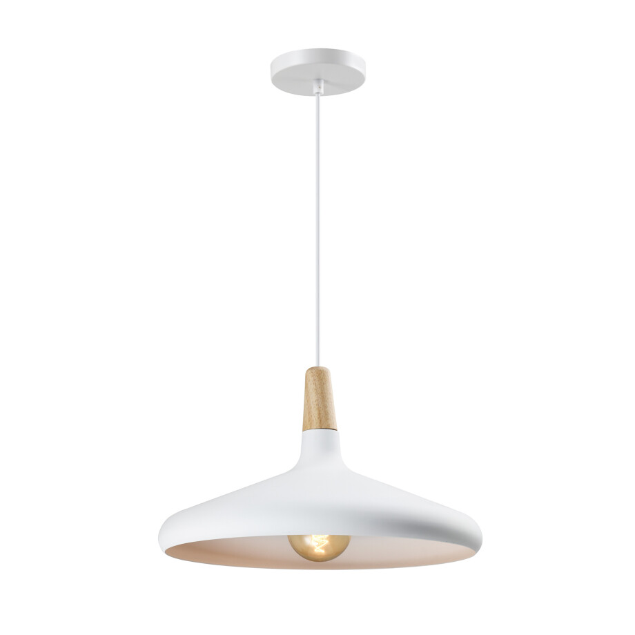 QUVIO Hanglamp Scandinavisch - Laag design - Houten kop - D 38 cm - Wit afbeelding 1