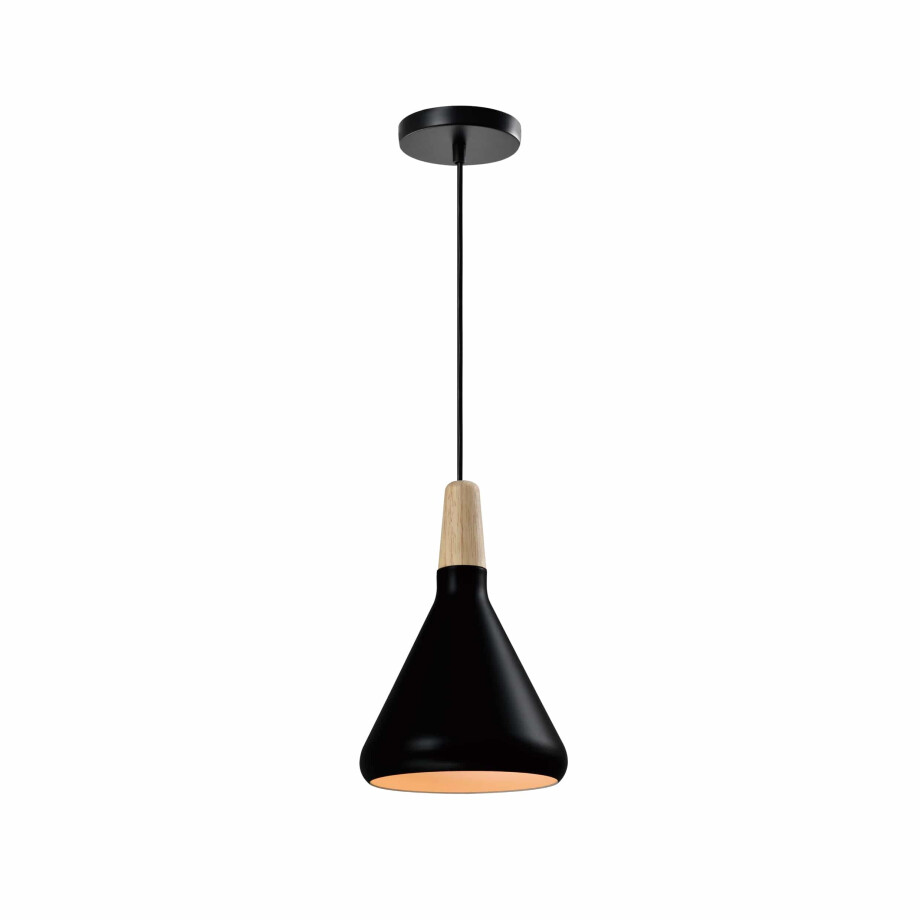 QUVIO Hanglamp Scandinavisch - Kegel design - Houten kop - D 17 cm - Zwart afbeelding 1