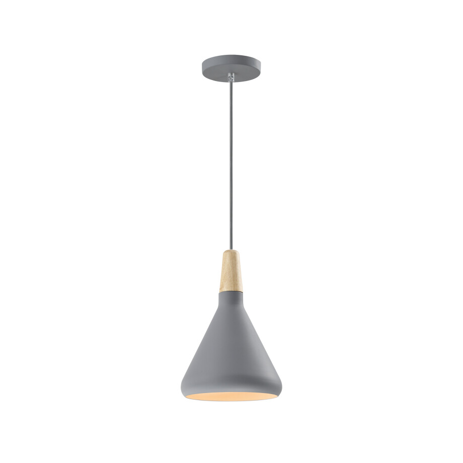 QUVIO Hanglamp Scandinavisch - Kegel design - Houten kop - D 17 cm - Grijs afbeelding 1