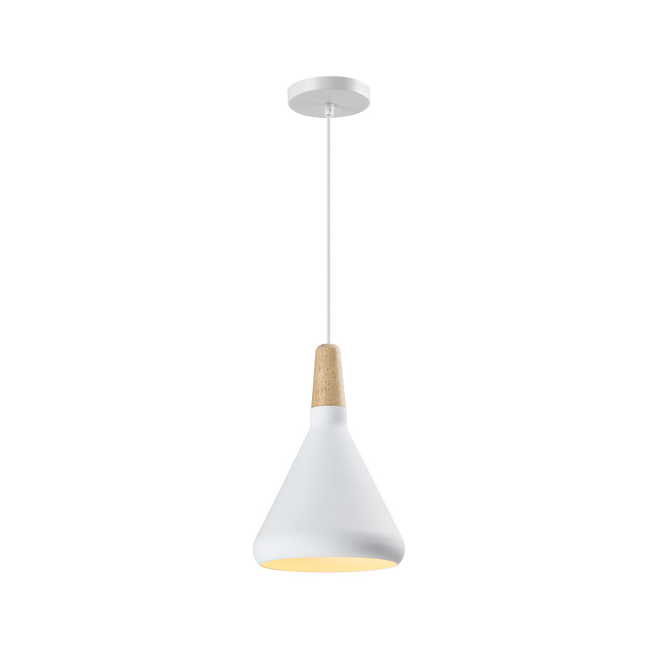QUVIO Hanglamp Scandinavisch - Kegel design - Houten kop - D 17 cm - Wit afbeelding 1