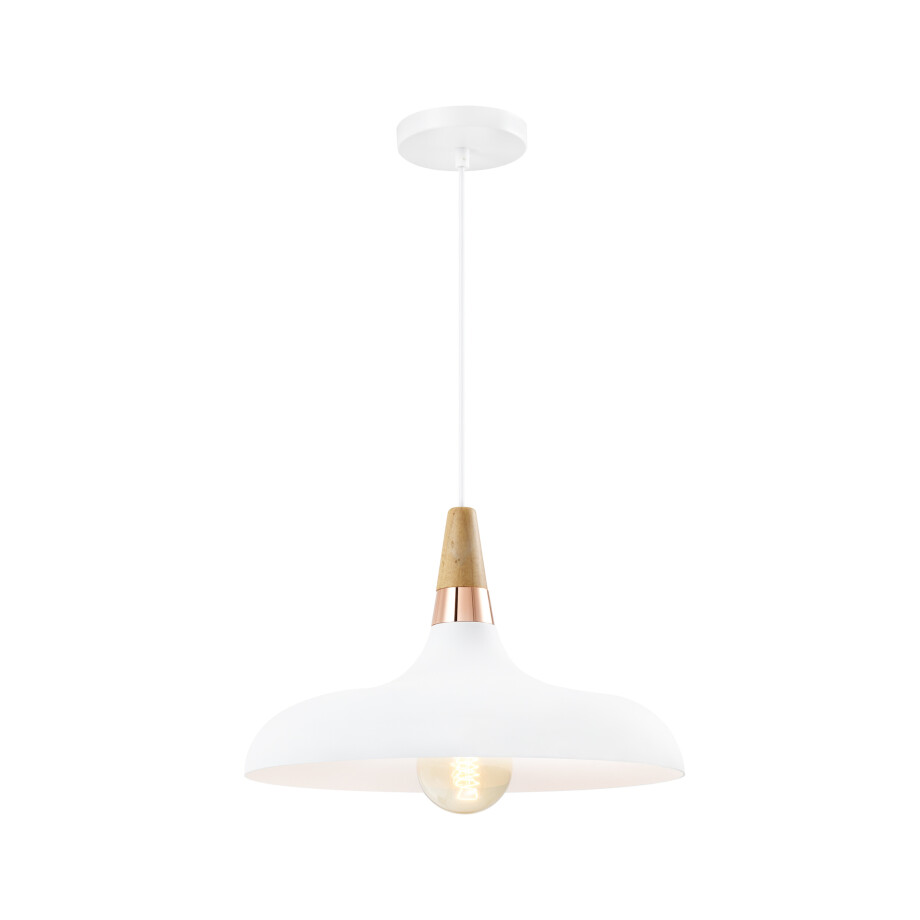 QUVIO Hanglamp retro - Simplistisch laag design - Houten kop - D 30 cm - Wit afbeelding 1