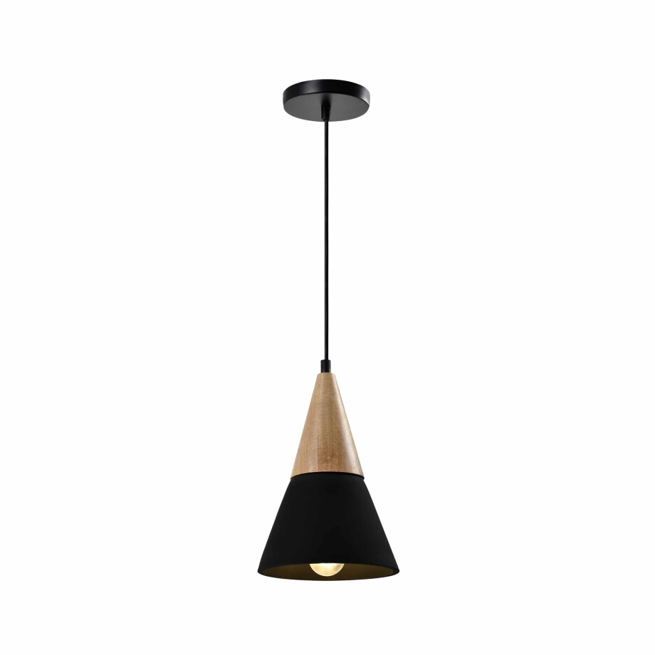 QUVIO Hanglamp landelijk - Kegel van beton - Houten kop - D 18 cm - Zwart afbeelding 1