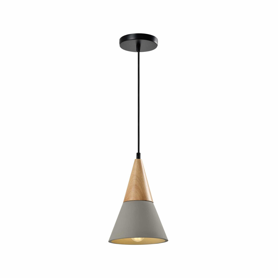 QUVIO Hanglamp landelijk - Kegel van beton - Houten kop - D 18 cm - Grijs afbeelding 1