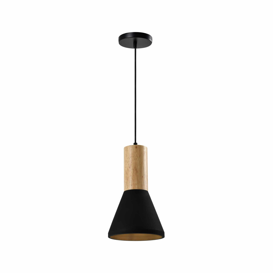 QUVIO Hanglamp landelijk - Betonnen lamp - Houten kop - D 15 cm - Zwart afbeelding 1