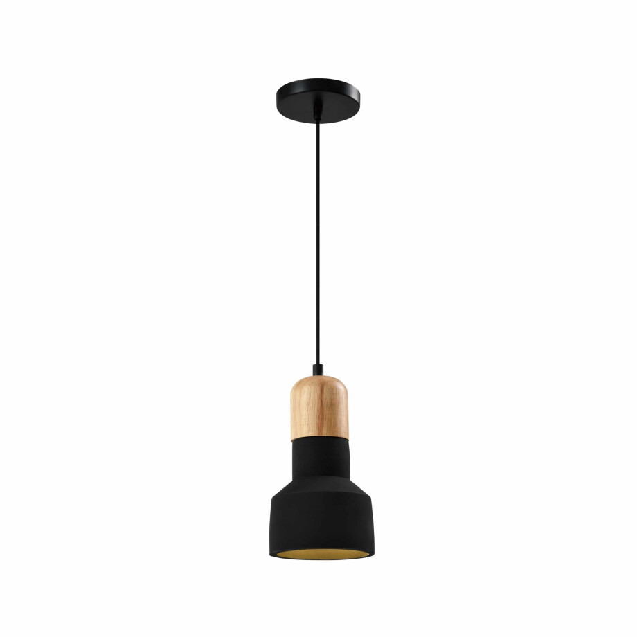 QUVIO Hanglamp landelijk - Betonnen design lamp - Houten kop - D 12,5 cm - Zwart afbeelding 1