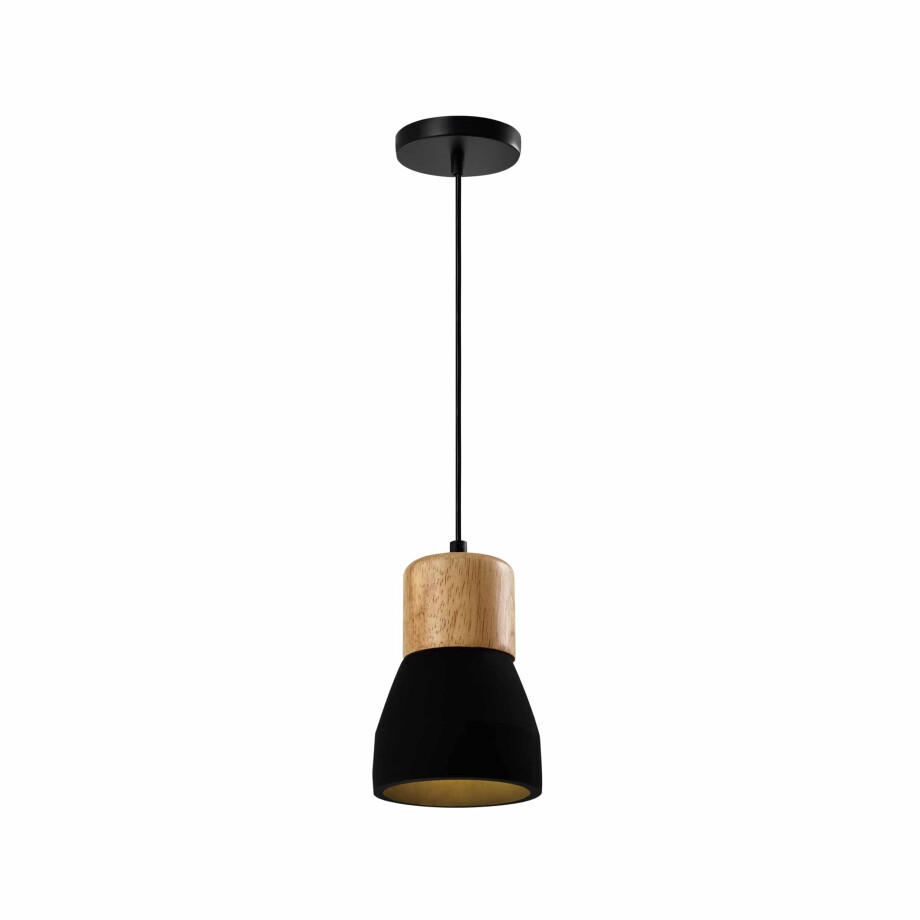 QUVIO Hanglamp landelijk - Simplistisch betonnen lamp - Houten kop - D 13 cm - Zwart afbeelding 1