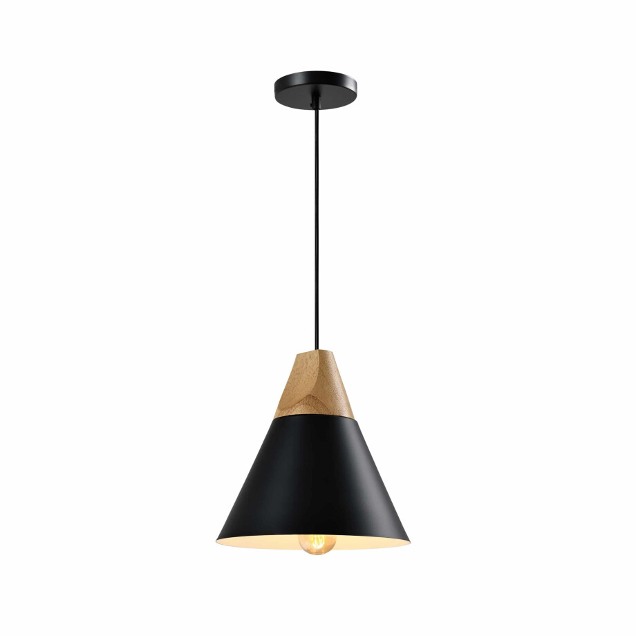 QUVIO Hanglamp Scandinavisch - Kegellamp - Houten kop - D 22 cm - Zwart afbeelding 1