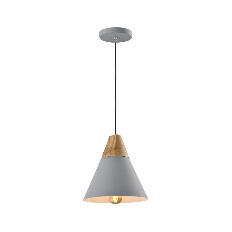 QUVIO Hanglamp Scandinavisch - Kegellamp - Houten kop - D 22 cm - Grijs afbeelding 1