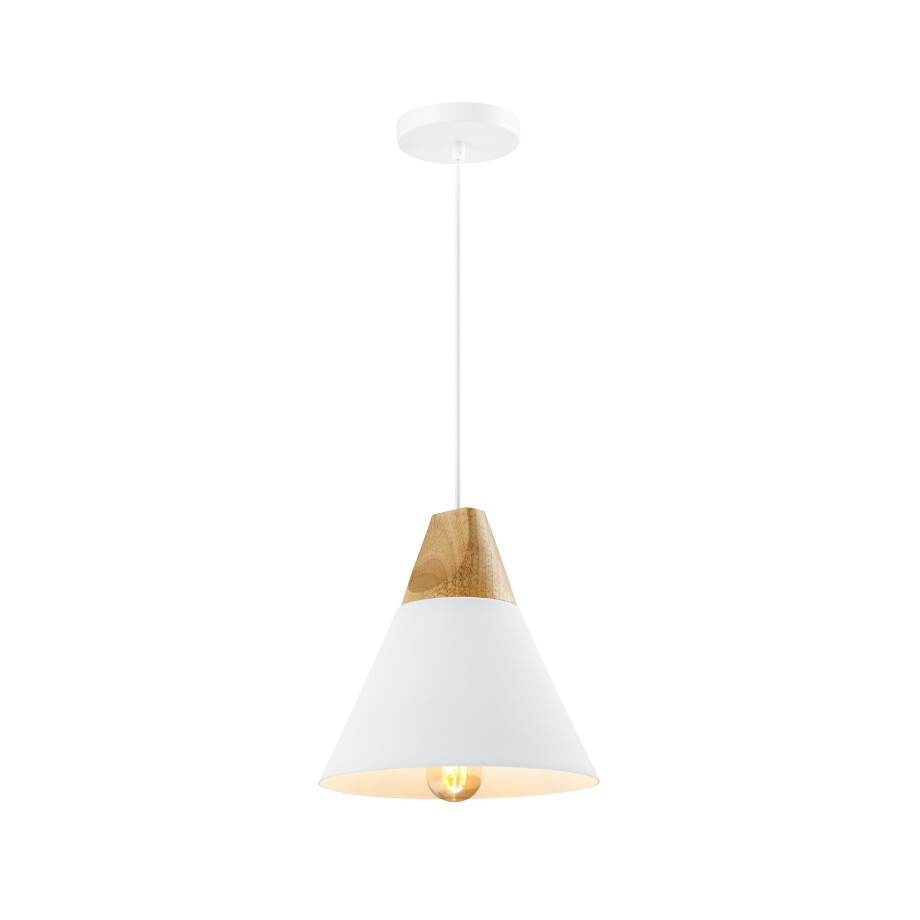 QUVIO Hanglamp Scandinavisch - Kegellamp - Houten kop - D 22 cm - Wit afbeelding 1