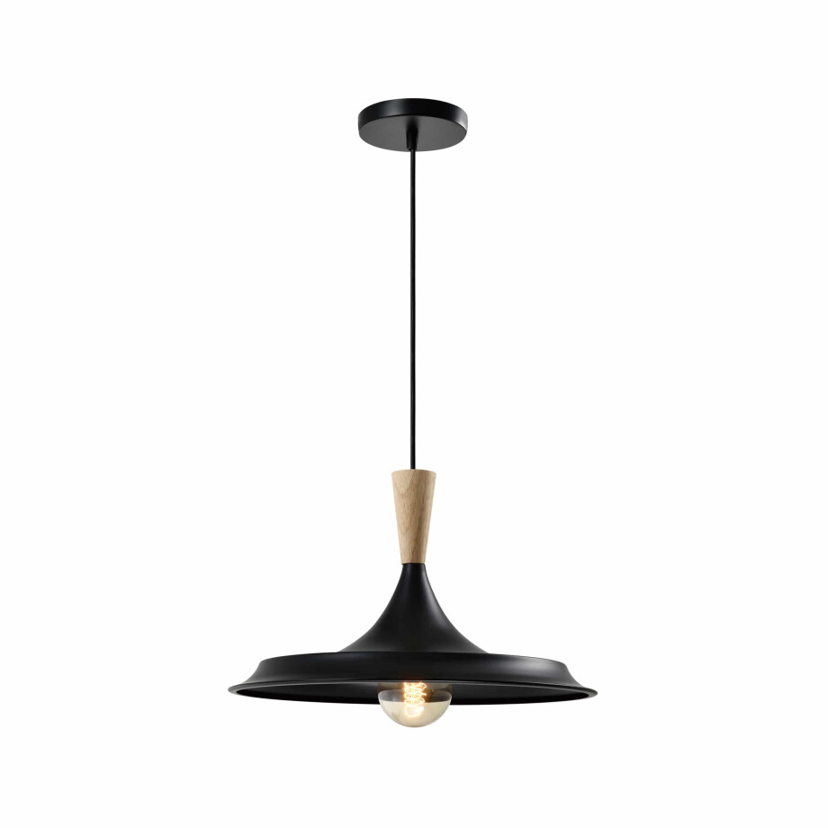 QUVIO Hanglamp retro - Aziatische stijl - Houten kop - D 40 cm - Zwart afbeelding 1