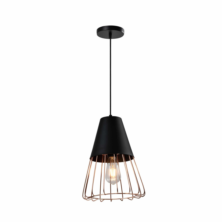 QUVIO Hanglamp industrieel - Rose gold staaldraad - D 26 cm - Zwart afbeelding 1