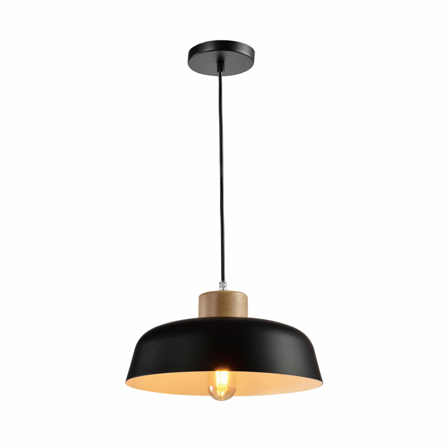 QUVIO Hanglamp Scandinavisch - Rond van metaal en hout - Diameter 30 cm - Zwart en bruin afbeelding 1
