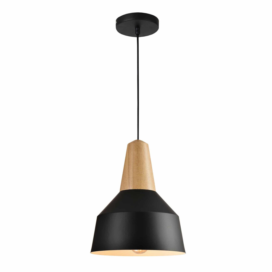 QUVIO Hanglamp Scandinavisch - Metaal en houten kop - Diameter 23 cm - Zwart en bruin afbeelding 1