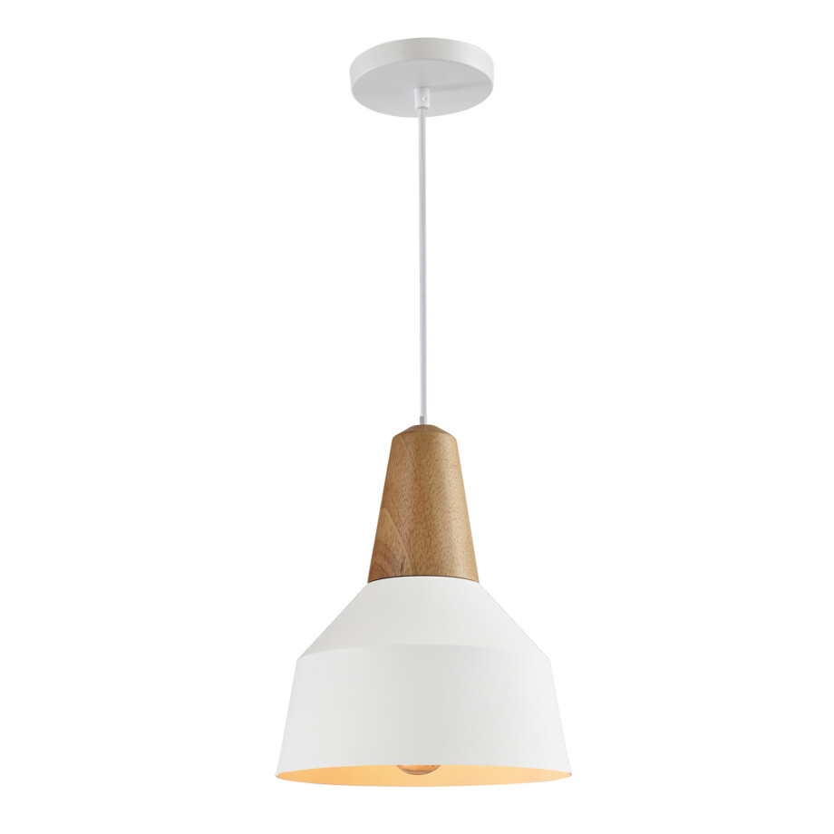 QUVIO Hanglamp Scandinavisch - Metaal en houten kop - Diameter 23 cm - Wit en bruin afbeelding 1