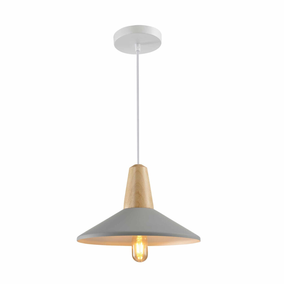 QUVIO Hanglamp Scandinavisch - Hoedvorm met hout - Diameter 35 cm - Grijs en bruin afbeelding 1