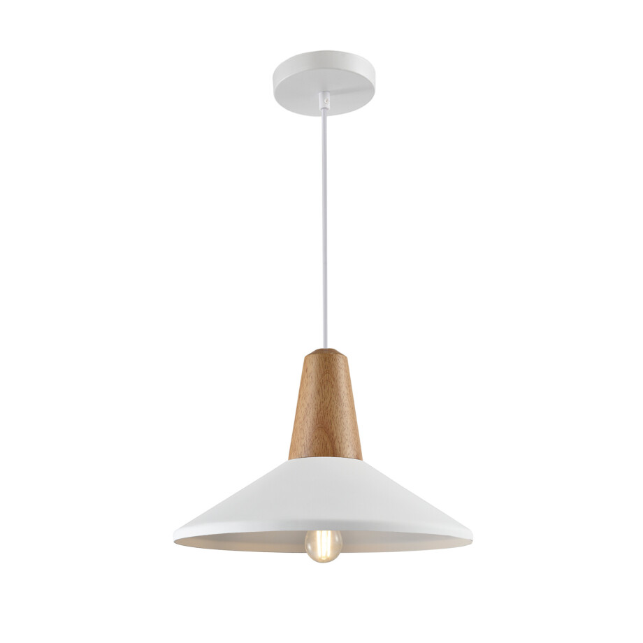 QUVIO Hanglamp Scandinavisch - Hoedvorm met hout - Diameter 35 cm - Wit en bruin afbeelding 1