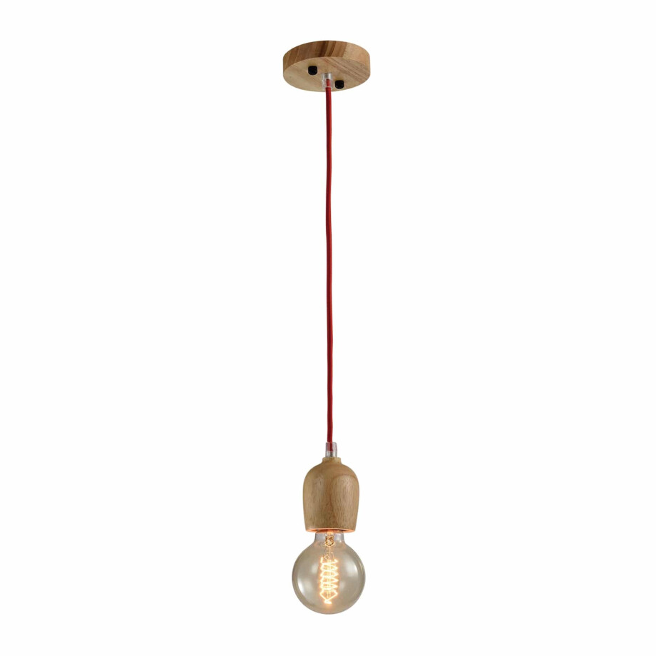 QUVIO Hanglamp retro - Houten pendel met rood snoer - Diameter 6 cm afbeelding 1