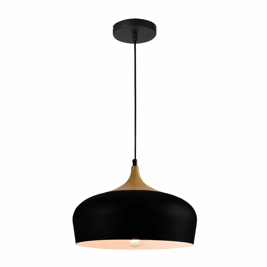 QUVIO Hanglamp Scandinavisch - Rond metaal met houtlook - Diameter 33 cm - Zwart en bruin afbeelding 1