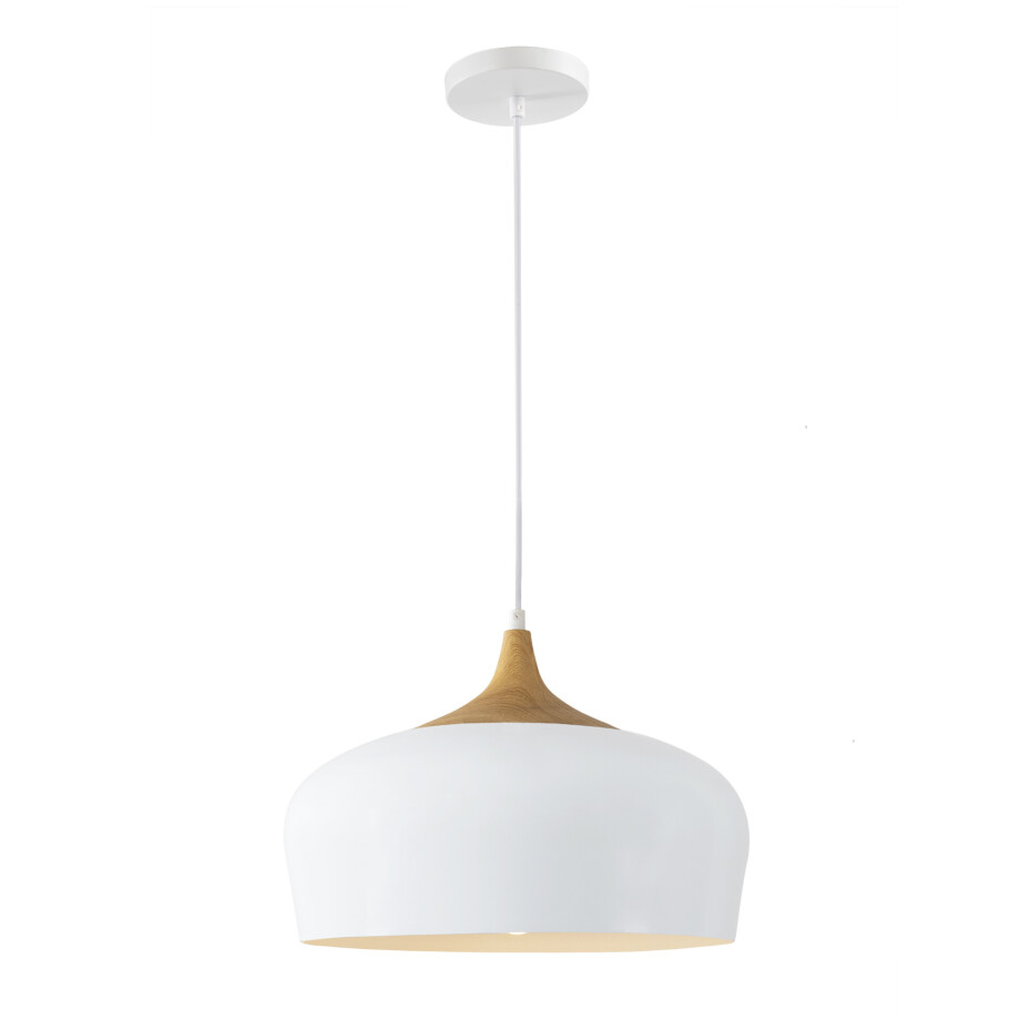 QUVIO Hanglamp Scandinavisch - Rond metaal met een houtlook - Diameter 33 cm - Wit en bruin afbeelding 1