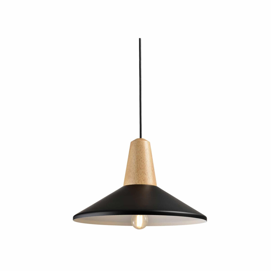 QUVIO Hanglamp modern - hoedvorm met hout - Diameter 35 cm - Zwart en bruin afbeelding 1