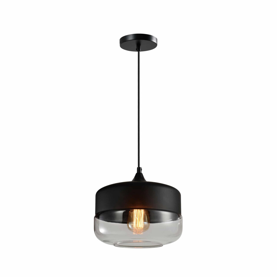 QUVIO Hanglamp retro - Brede kap van metaal en glas - Diameter 25 cm afbeelding 1