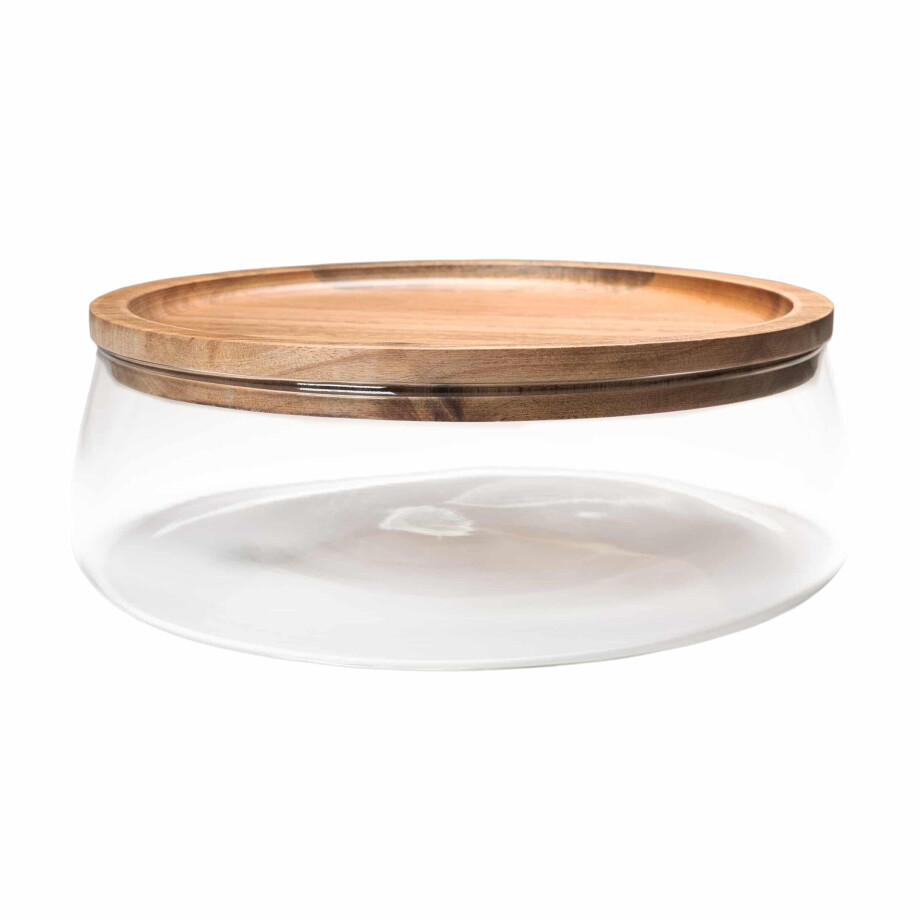 QUVIO Opbergbak met deksel - Diameter 23 cm - Glas en hout afbeelding 1
